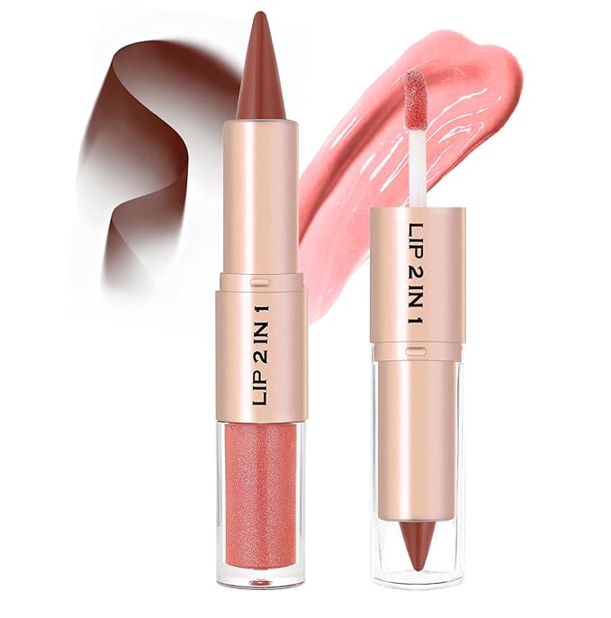 2-in-1 Dual-Ended Lip Liner Lipstick & Gloss Set, Lip Combo with Mirror Effect, Smooth Matte Lip Liner and Moisturizing Lightweight Lip Plumping set for Women, 04 Rosewood