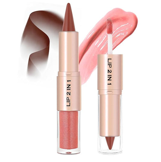 2-in-1 Dual-Ended Lip Liner Lipstick & Gloss Set, Lip Combo with Mirror Effect, Smooth Matte Lip Liner and Moisturizing Lightweight Lip Plumping set for Women, 04 Rosewood