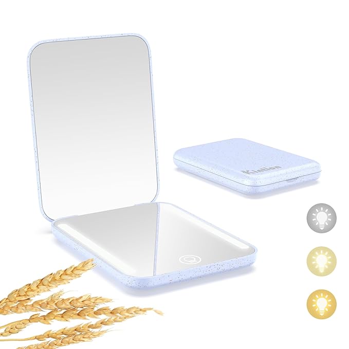 Kintion Rechargeable Pocket Mirror, Wheat Straw Material 1X/3X Magnification Portable Compact Mirror, Handheld Travel Mirror, Small Purse Mirrors for Women, Purple