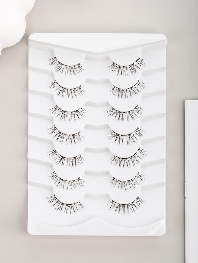 Natural Eyelashes False Lashes for Small Eyes 10Mm Short Eyelashes C Curl Strip Lashes Wispy Eye Lash Pack with Thin Cotton Band 7 Pair Siligli