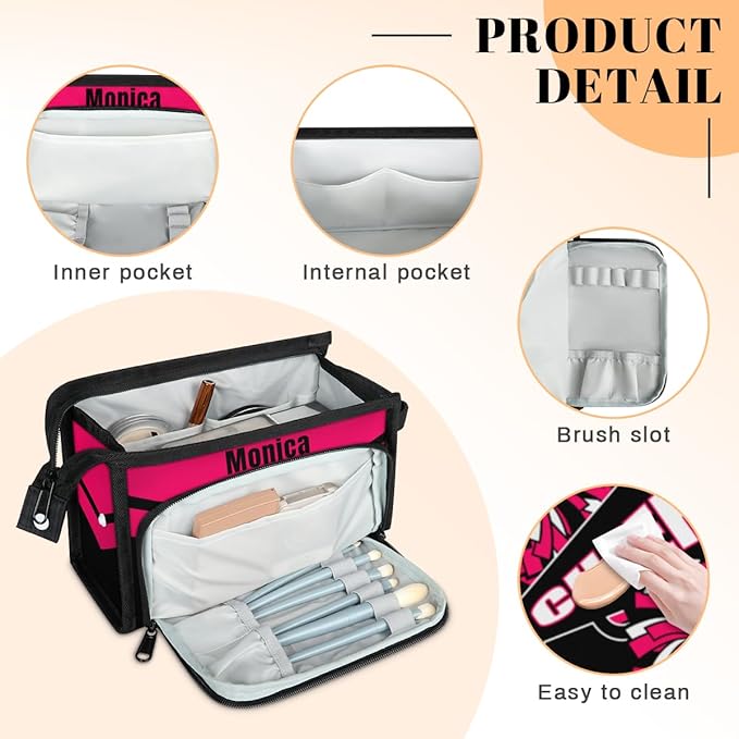 Custom-Makeup-Bag Personalized Travel Toiletry Bag Text Customized Cheer Makeup Bags Cosmetic Bags for Women With Divider & Handle Pink