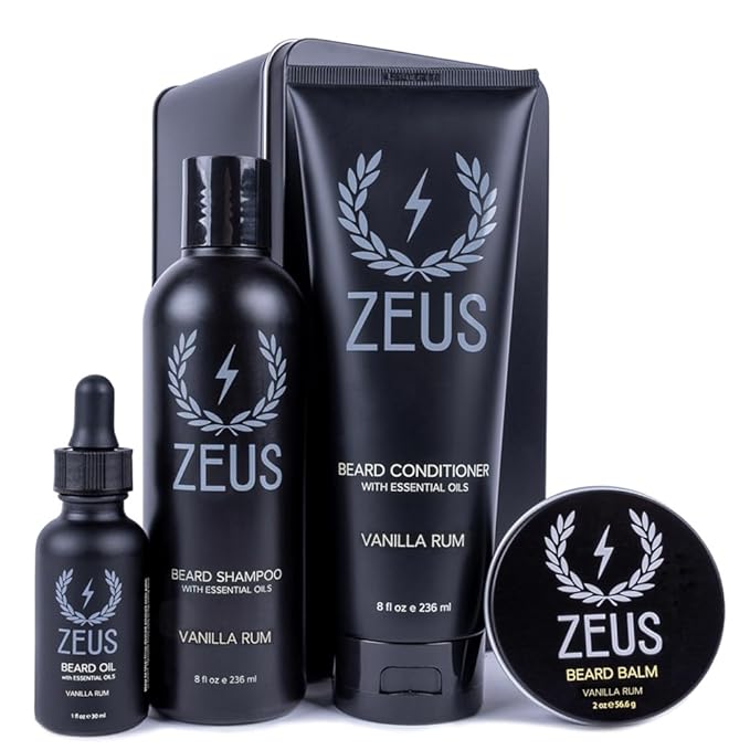 ZEUS Everyday Beard Kit for Men, Facial Hair Shampoo, Conditioner, Oil, Balm & Tin Gift Box, Premium Beard Care & Grooming Set (Made in USA) Vanilla Rum