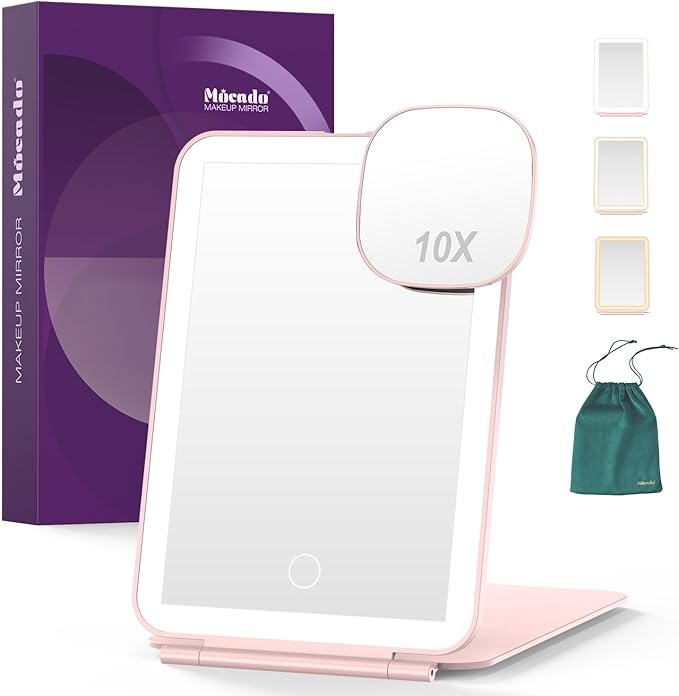 LED Foldable Travel Makeup Mirror - 5x6 inches3 Colors Light Modes USB Rechargeable Touch Screen, Portable Tabletop Cosmetic Mirror for Travel, Cosmetic, Office (Pink)