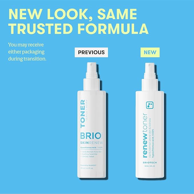 BRIOTECH Renew Toner, Hypochlorous Acid Spray, Minimize Appearance of Blemishes, Soothing Facial Mist for Sensitive Skin, Calm Redness & Bumps, Vegan, 4 fl oz