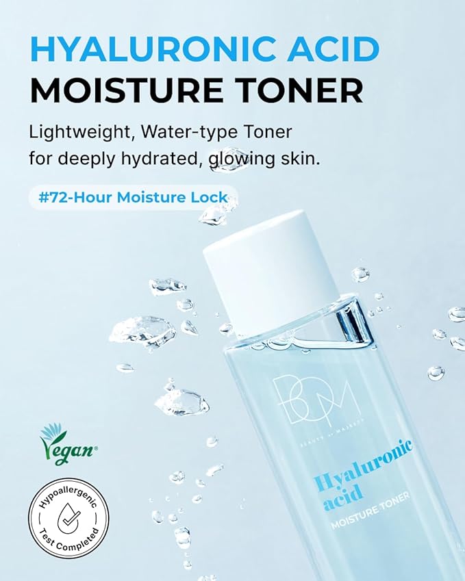 BOM Hyaluronic Acid Moisture Toner 6.76 fl oz, Lightweight Vegan Toner with Vitamins, 72 Hour Hydration Lock, Non Sticky Formula, Hypoallergenic, Sensitive Skin, Korean Skincare