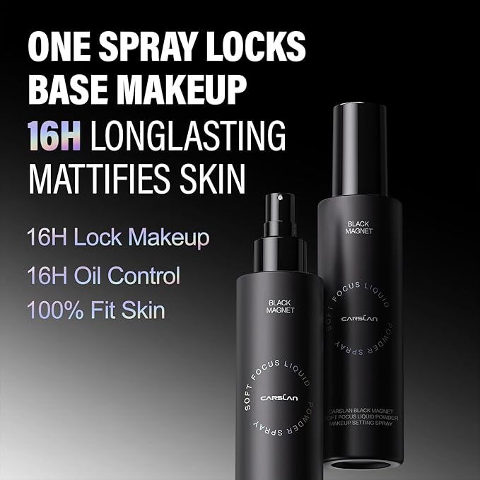 CARSLAN Black Magnet Soft Focus Pressed Powder+Liquid Powder Makeup Setting Spray, 24H Oil Control, Waterproof, Longwear Face Set Combo
