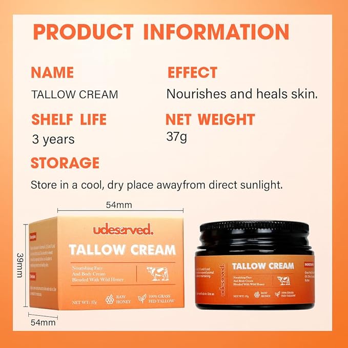 Tallow Cream – Gentle Face & Body Moisturizer with Olive Oil & Honey – Nourishing Skincare for All Skin Types – 1.3 oz (37g)