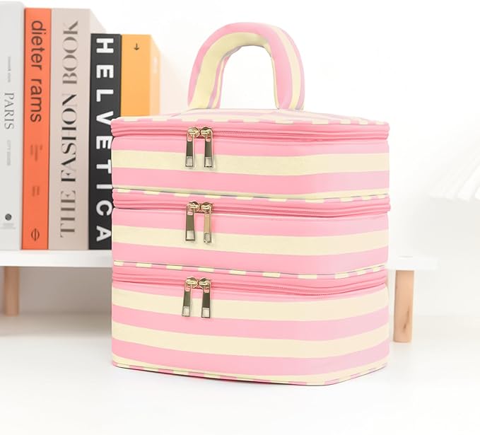 Three Layer Makeup Bag for Women Fashion Stripes Cosmetic Bag Preppy Style Travel Water-Resistant Toiletry Bag for Storage Toiletries Cosmetics Sets for Women Teen Girls Pink