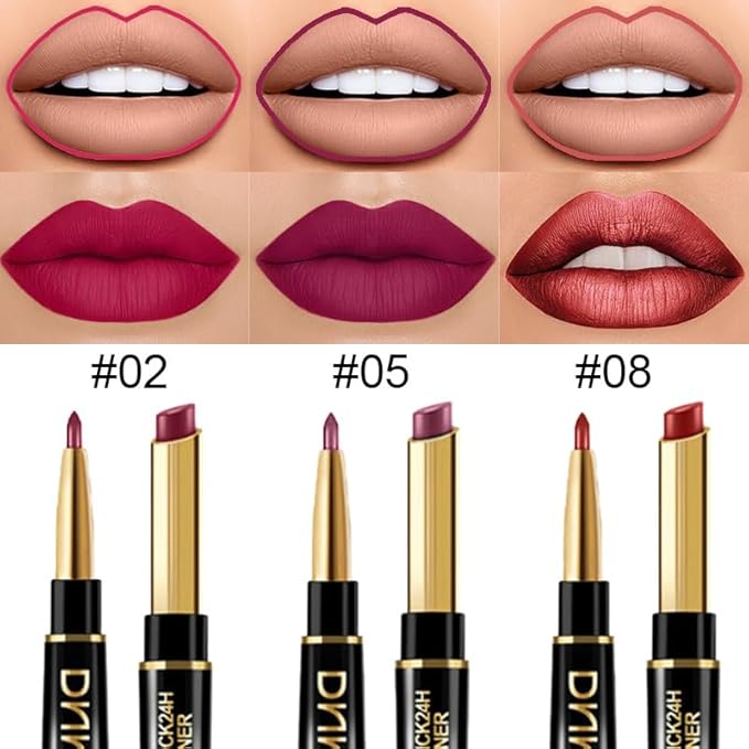 evpct 3Pcs Plum Purple Wine Mauve Red Lip Liner and Lipstick Set for Women Matte Matt 24 Hour Lipstick Pen and with Lip Liner Pencil Set Long Lasting 24 labial labiales mate 24 horas originales