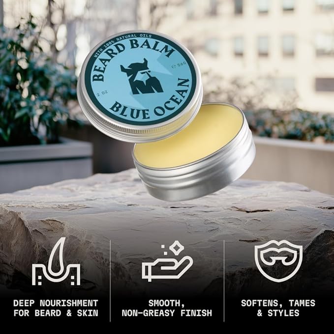 Beard Balm for Men - Leave in Beard Conditioner - Styling Balm Made with Naturally Derived Beard Butter, Argan & Jojoba Oils (2 Ounce (Pack of 1), Blue Ocean)