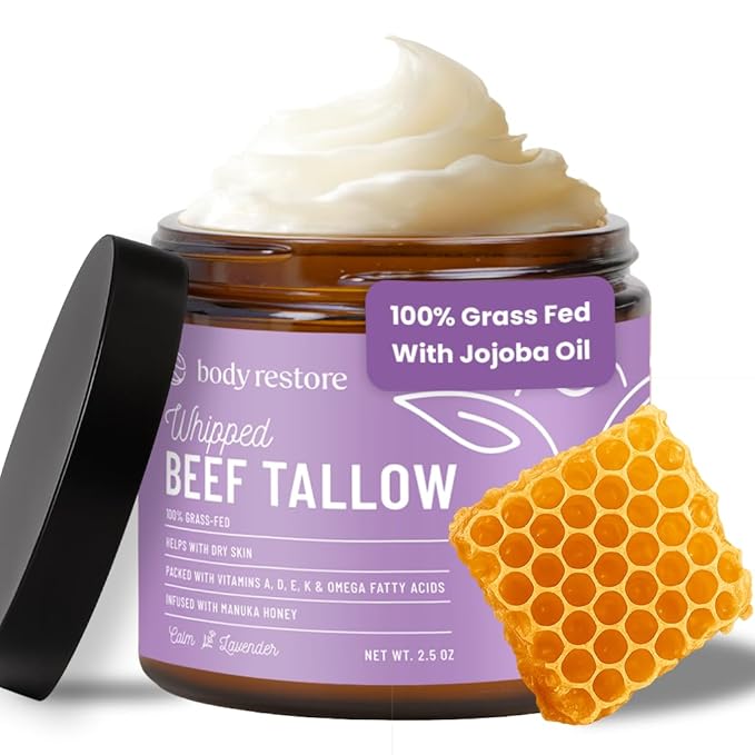 Body Restore Grass Fed Whipped Beef Tallow for Dry Skin, Face - Manuka Honey, Jojoba Oil, Christmas Stocking Stuffers, White Elephant, Birthday Gifts for Women, Men, Travel Essentials - Lavender