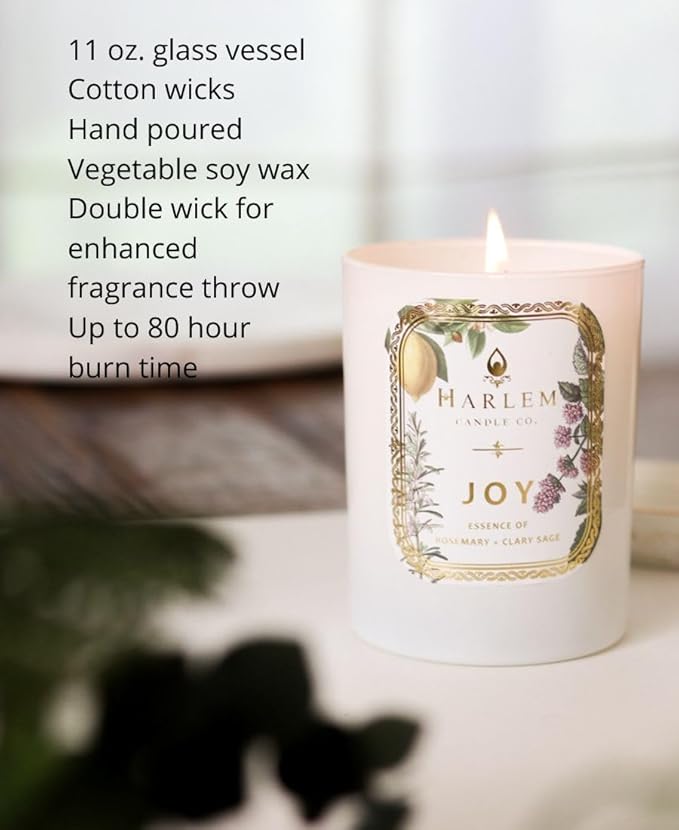 HARLEM CANDLE CO. - Joy - Luxury Scented Soy Candle, 11 oz - 80-Hour Burn Time | Fresh Mint, Italian Lemon, Rosemary, Jasmine Petals, Cedarwood, Amber Musk | Scented Candles for Home