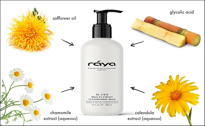 Raya Multi-Fruit Facial Cleansing Milk with AHA and BHA 16 oz (G-154) | Exfoliating Soap-Free Cleanser and Make-Up Remover for Dry and Combo Skin | Made with Multi-Fruit Alpha and Beta Hydroxy Acids