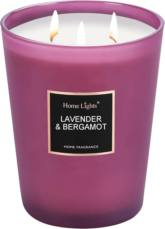 HomeLights Highly Scented Soy Candles Big 33.3 oz for Home. 3 Cotton Wicks, Smokeless Long Lasting 130 hrs in Lavender & Bergamot. 5x6, Great Gift for Women & Men