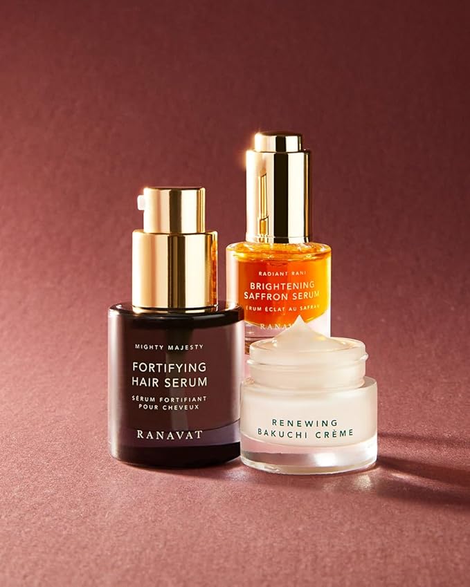 RANAVAT Royal Trio Travel Size Gift Set - Brightening Saffron Face Serum, Renewing Bakuchi Face Cream & Fortifying Hair Serum (3 Count)
