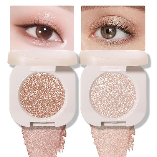 2Pcs Glitter Shimmer Sparkle Eyeshadow Palette Makeup For Mature Women, Light Brown Pearl White Glitter Shimmer Metallic Holographic Multichrome Cream Iridescent Single Monochrome Eye Shadow Makeup