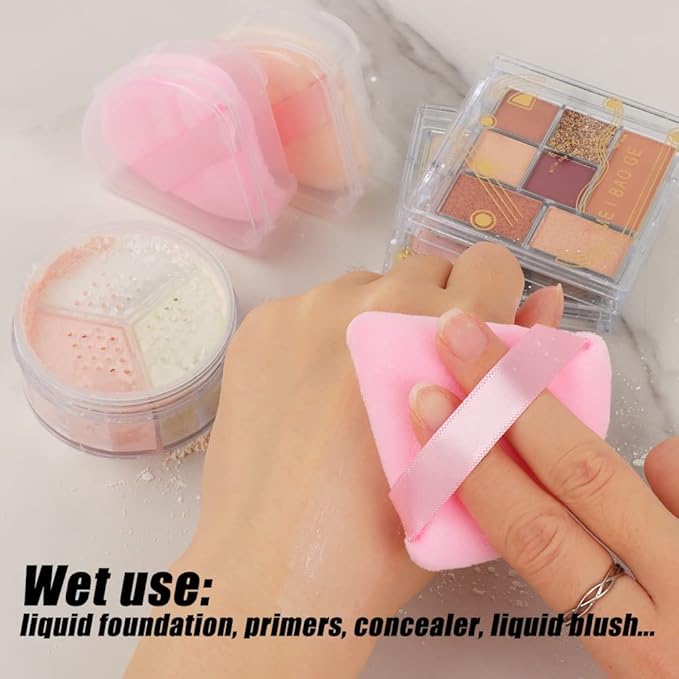 Ocim 10Pcs Triangle Powder Puffs for Face Powder,Soft Velour Triangular Beauty Puff,Makeup Pressed,Baking & Setting Powder Sponge Applicator Pads with Case,Black&Nude