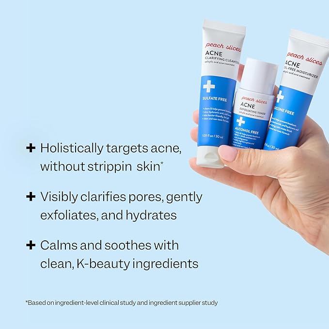 Peach Slices - 3-Step Acne Starter Kit (3 Products) - Skin Care Set - 1 Toner, 1 Cleanser, 1 Oil Free Moisturizer - 2% Salicylic Acid & Botanicals - Vegan & Cruelty Free - Korean Skin Care & Beauty