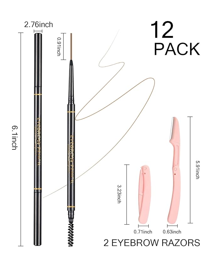 Light Brown Eye Brow Pencils for Women, 6Pcs Waterproof Eyebrow Pencil, 1.5mm Micro-Fine Tip & Spiral Brush with Brow Razors Perfect for Creating a Natural and Delicate Eyebrow Look Makeup