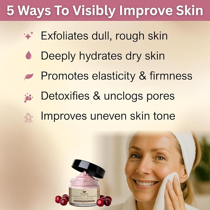 Natural Escapes Cranberry & Grapeseed AHA Exfoliating Clay Face Mask | Hydrating, Resurfacing, Anti-Aging Facial Masque for Fine Lines, Pores & Elasticity