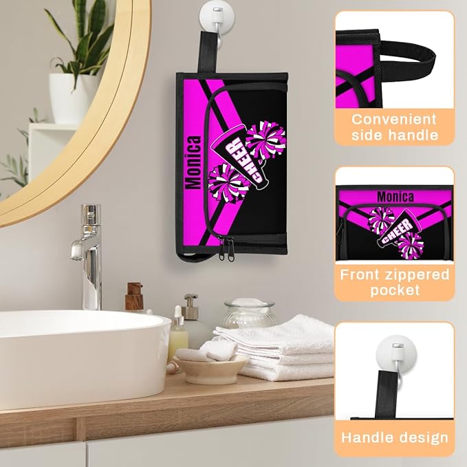 Custom-Makeup-Bag Personalized Travel Toiletry Bag Text Customized Cheer Makeup Bags Cosmetic Bags for Women With Divider & Handle Rose Pink