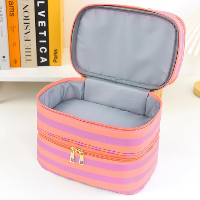 Three Layer Makeup Bag for Women Fashion Stripes Cosmetic Bag Preppy Style Travel Water-Resistant Toiletry Bag for Storage Toiletries Cosmetics Sets for Women Teen Girls Purple