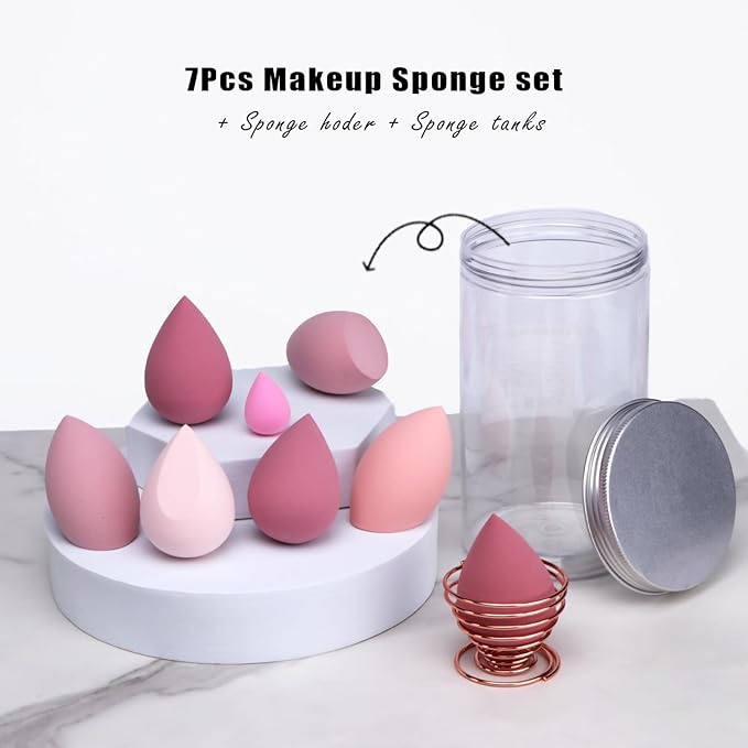 Makeup Sponges Set - Beauty sponges Blending Blenders with 1 Holder and Egg Case, Flawless for Cream, Powder and Liquid (Pink,7Pcs+1Holder+ case)
