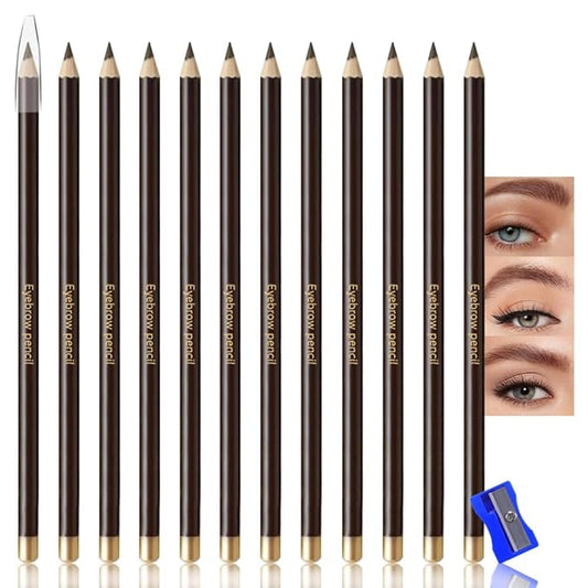 12Pcs Eyebrow Pencils for Women,Wooden Hard-Core Medium Brown Eyebrow and Eyeliner Pencil,Long Lasting Waterproof and Sweat-Proof,Beginner Makeup Brow Pencil,Create a Natural Eye Brow Makeup,Vegan
