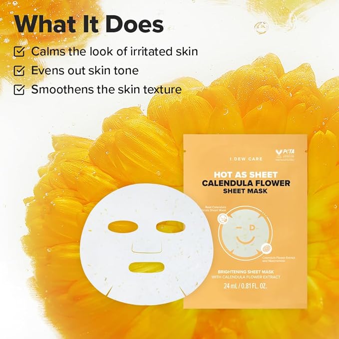 I DEW CARE Real Herb Calendula Sheet Face Mask - Hot As Sheet | Korean Face Masks Skincare, Moisturizing and Calming for Dry Skin with Calendula Flower Extract, 2% Niacinamide, 10EA