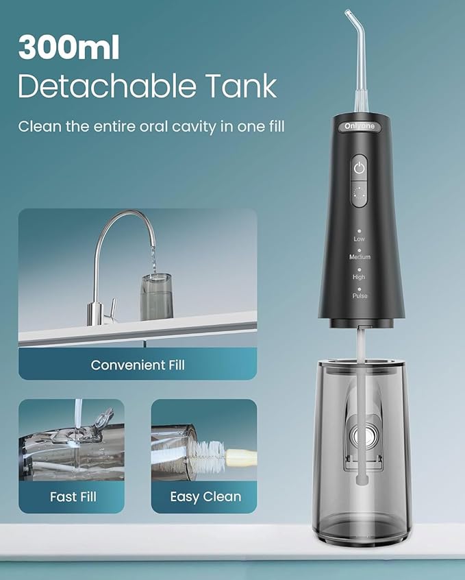 Onlyone Water Dental Flosser, 300ML Portable Oral Irrigator for Teeth, 4 Modes and 5 Jet Tips,Rechargeable Irrigation Cleaner,Electric Flossing Machine Power Flossers & Irrigator Accessories Black