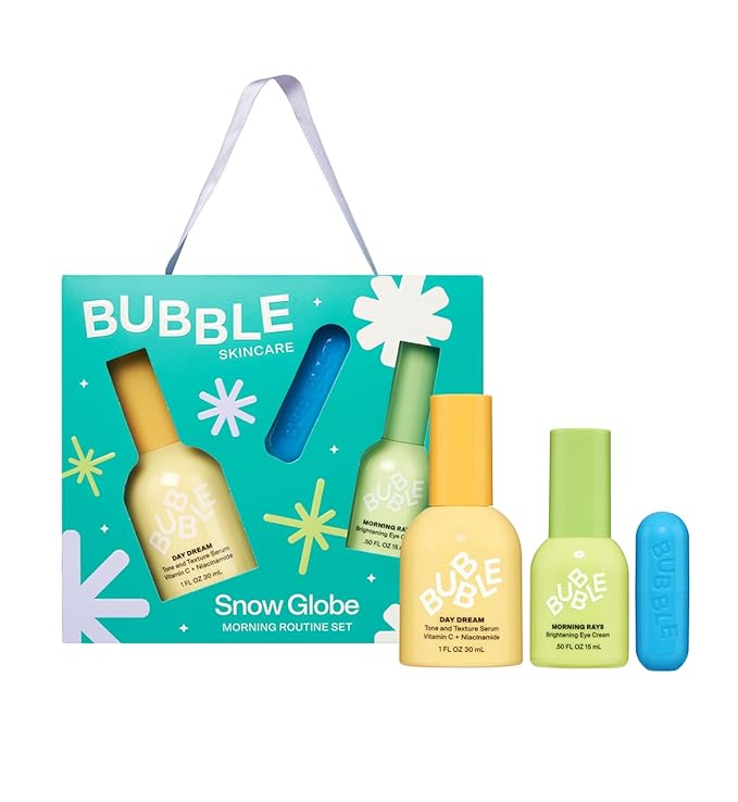 Bubble Skincare Snow Globe Morning Routine Travel Skincare Set - Gift Set Includes Day Dream Vitamin C Serum, Morning Rays Under Eye Serum & Tell All Minty Lip Balm (3 Count)