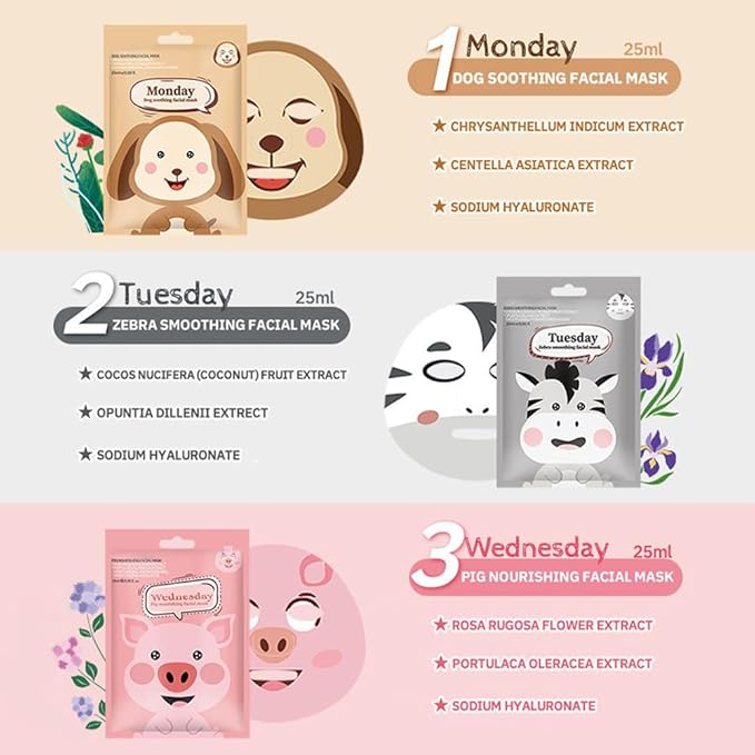 Kaely 6 Pack Animal Character Sheet Masks, Face Masks for Kids Teens Skin Care, Korean Soothe Facial Mask for All Skin Types, Girls Night Skincare Spa Party, Birthday Gifts for Women Men, Set05