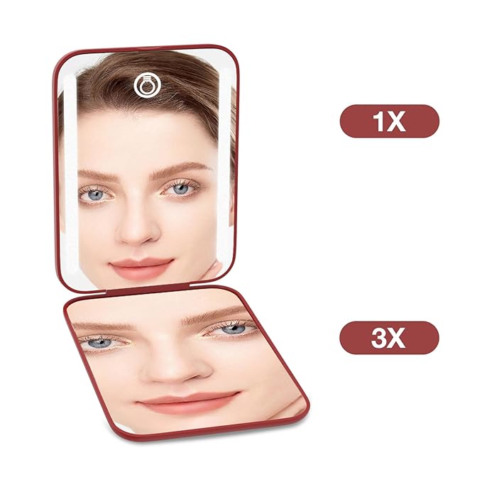 Kintion Rechargeable Pocket Mirror, Double Sided 1X/3X Magnification Compact Vanity Mirror, 3 Color Lights, Dimmable, Small Portable Wallet Mirror, Lighted Travel Mirror for Women Gifts, Wine Red