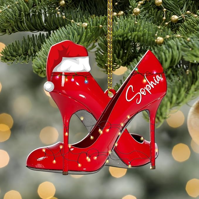 Personalized Name Red Shoes Christmas Shape Flat Ornament, Red High Heel Shoe Xmas Ornament, Shoe Lover Hanging Tree Keepsake, 95