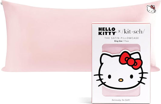 Kitsch x Hello Kitty (Pink Kitty Face) - Satin Pillowcase with Zipper for Hair and Skin, Softer Than Silk Pillow Case, Smooth Cooling Pillow Covers, Machine Washable, King Size (19x36)
