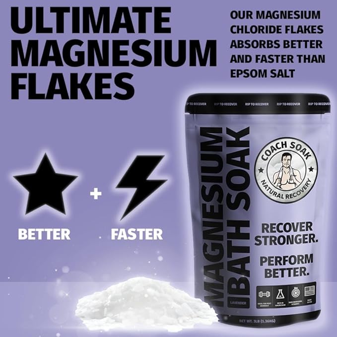 Coach Soak: Recovery Bath Soak - Fast-Absorbing Magnesium Flakes - Bath Salts with 21 Minerals & Essential Oils - Made in the USA with Dead Sea Salt, 3lbs (Calming Lavender)