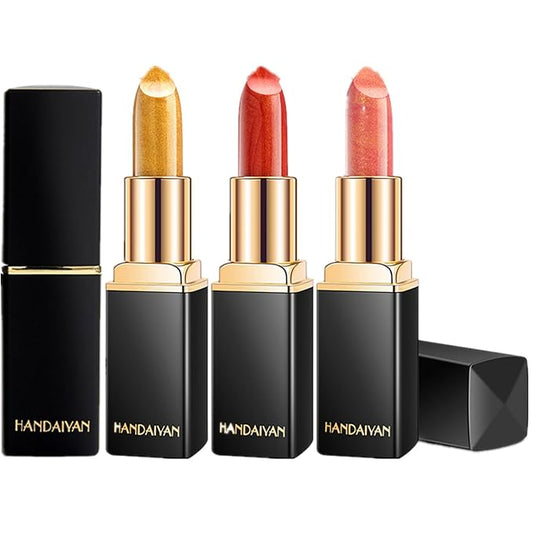 3Pcs Metallic Glitter Lipstick Set, Gold Rose Nude Pink Glitter Pearl Mermaid Shimmer Lipstick Sets for Women Waterproof Long Lasting 24 Hours Lip Stick Makeup Christmas Gift Sets-01#02#03#
