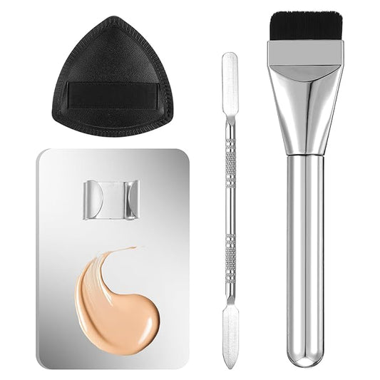 4Pcs Makeup Foundation Mixing Palette Set, Including Spatula Makeup Brush, Palette Tray, Powder Puff Make Up Accessories for Women Girl Make Up Cosmetic Spatula Tool