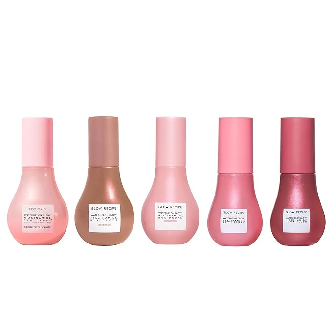 Glow Recipe Glow Hues Collection Kit - Niacinimide Dewy Flush Watermelon & Berry Tinted Serum (15 ml/ea), Hue Drops Rosy Glow & Sun Glow Serum (40 ml/ea), Watermelon Niacinamide Dew Drops (40 ml)