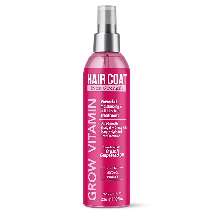 grow vitamin Hair Coat Extra Strength Spray - Anti-Frizz, Anti-Humidity, & Heat Protectant with Organic Grapeseed Oil - Lightweight, Alcohol-Free, Paraben-Free, Vegan Formula - 8 fl oz