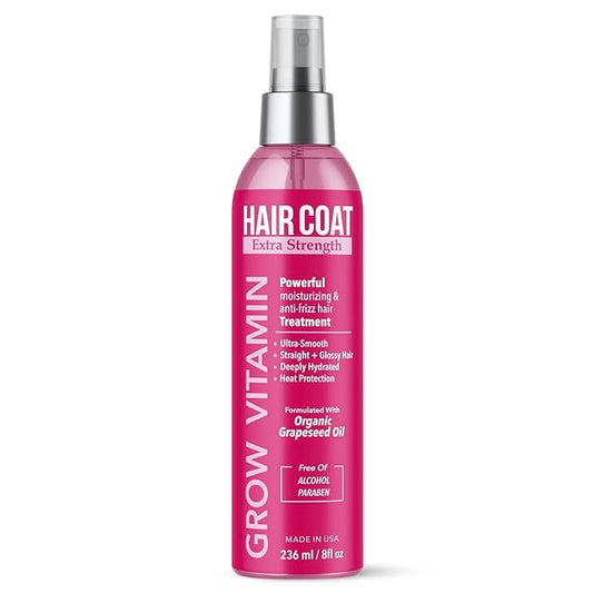 grow vitamin Hair Coat Extra Strength Spray - Anti-Frizz, Anti-Humidity, & Heat Protectant with Organic Grapeseed Oil - Lightweight, Alcohol-Free, Paraben-Free, Vegan Formula - 8 fl oz