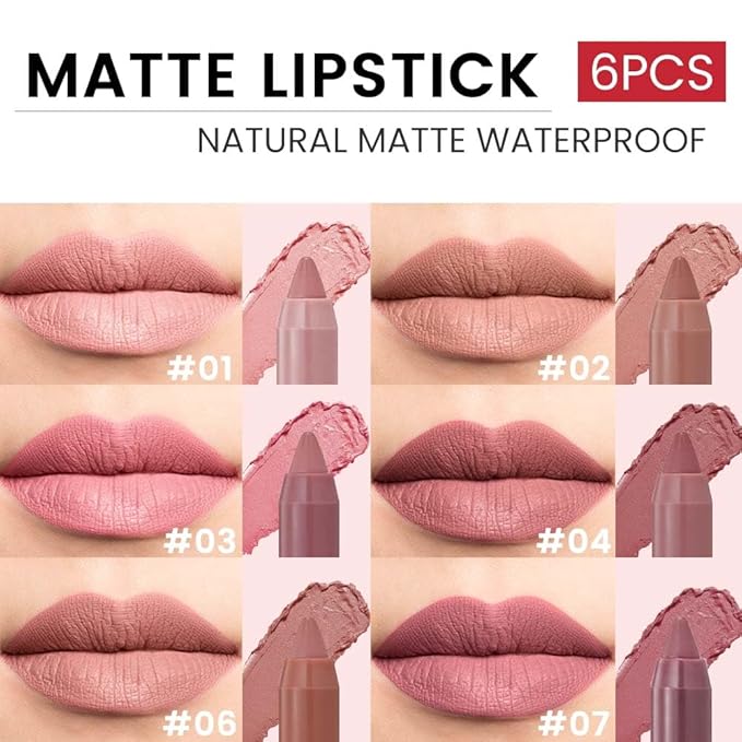 BINGBRUSH 6Pcs Lip Crayon Matte Lipstick,lip stain long lasting waterproof Longwear Lipstick Set Moisture Smooth Lip Liner color stay lipsticks Makeup for Women (6pcs)