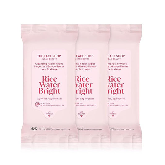 THE FACE SHOP X GLAMZILLA Rice Water Bright Cleansing Wipes On-the-Go Bundle for Face, Moisturizing, Infused with Rice Extract, Cleansing Facial Wipes, 25 Count (Pack of 3)