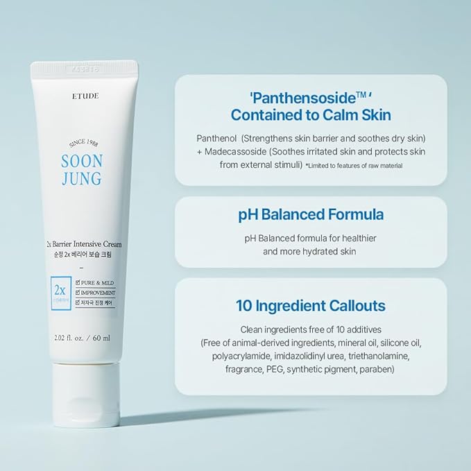 ETUDE SoonJung 2x Barrier Intense Cream Set | 2x Barrier Cream 2.02fl.oz + Ph 5.5 Relief Toner 0.85 Fl.oz. + Foam Cleanser 0.68 Fl.oz. | Oil & Water Balance, Korean Skin Care