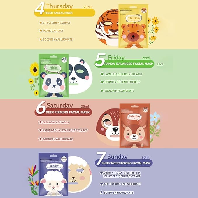 Kaely 7 Pack Kids Face Mask Spa, Animal Face Masks for Kids Teens Women Skincare, Animal Character Sheet Facial Mask for All Skin Types, Girls Night Party Skin Care Set, Birthday Christmas Gifts, 01A