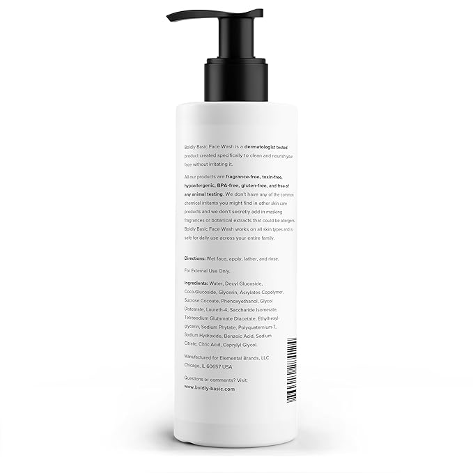 Boldly Basic Fragrance Free Face Wash - Gentle Facial Cleanser on Sensitive Skin - Unscented - Dermatologist Tested - No Sulfates, Parabens or Gluten - Non Comedogenic and Hypoallergenic