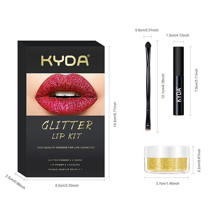 KYDA 3 Colors Glitter Lip Kit, Diamond Metllic High Pigmented Powder for Lips Cosmetics, Glitter Lips Makeup,with Lip Primer and Brush, Long Wear-Set D