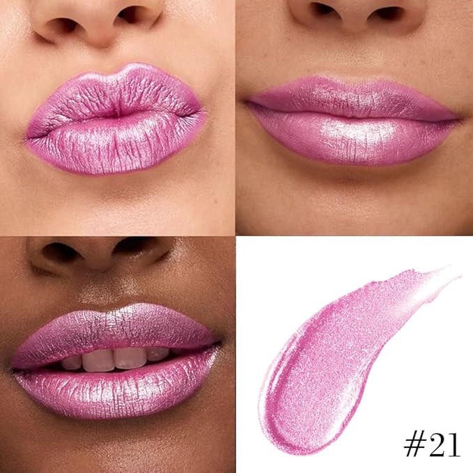 Kaely 2-in-1 Pink Metallic Lipstick and Lip Liner, Shimmer Liquid Metallic Lipsticks for Women, Glitter Lip Gloss Stain Long Lasting Waterproof Smudge Proof 24 Hour, Vegan Makeup, 21
