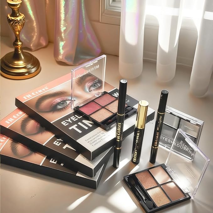 4-in-1 Eye Makeup Kit 4-Color Eyeshadow Palette Double-Ended Liquid Eyeliner Volumizing Mascara Eyebrow Pencil & Brush for Daily Makeup（02#)