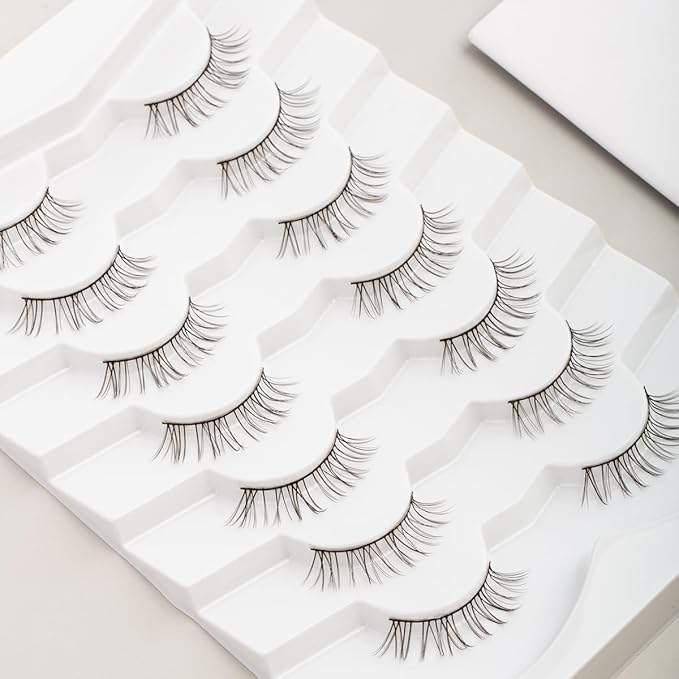 Natural Eyelashes False Lashes for Small Eyes 10Mm Short Eyelashes C Curl Strip Lashes Wispy Eye Lash Pack with Thin Cotton Band 7 Pair Siligli